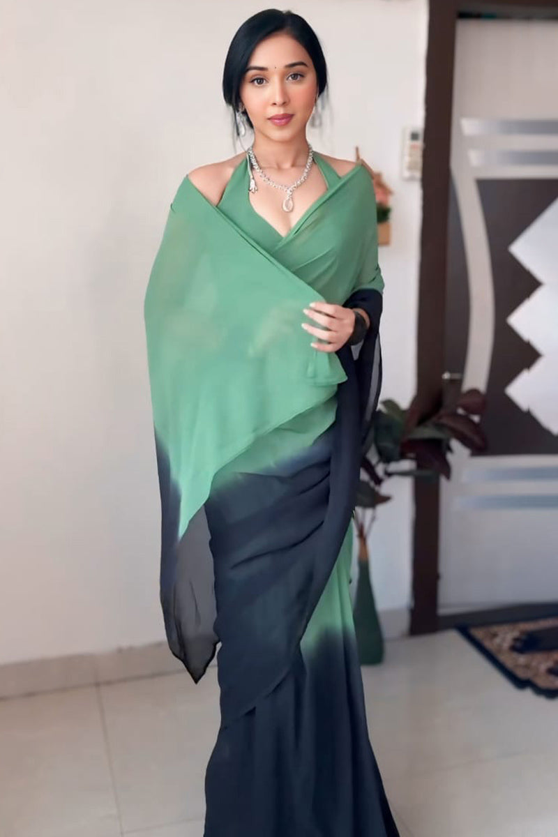 1-Minute Ready To Wear Green and Black Georgette Saree