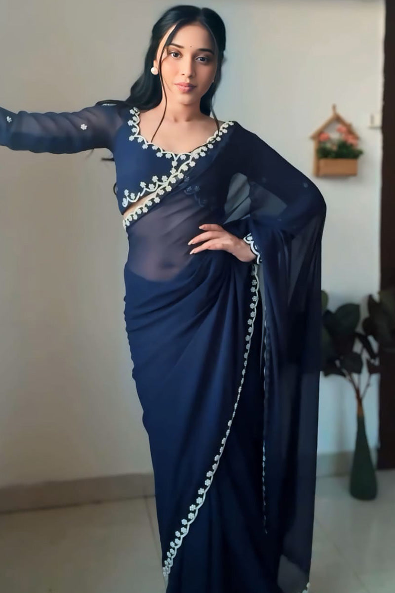 Entrancing 1-Minute Ready To Wear Navy Blue Georgette Saree