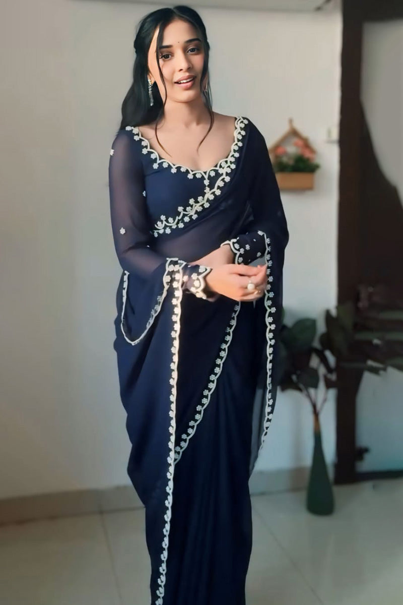 Entrancing 1-Minute Ready To Wear Navy Blue Georgette Saree