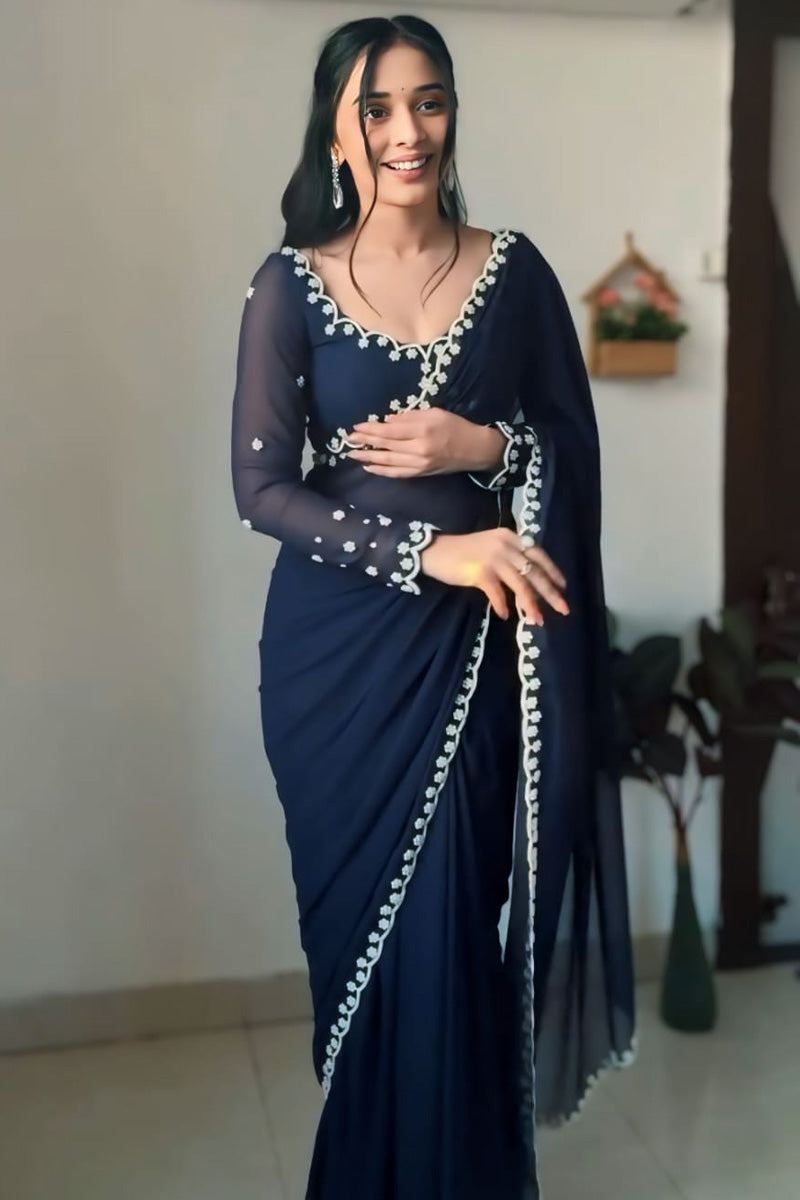 Entrancing 1-Minute Ready To Wear Navy Blue Georgette Saree