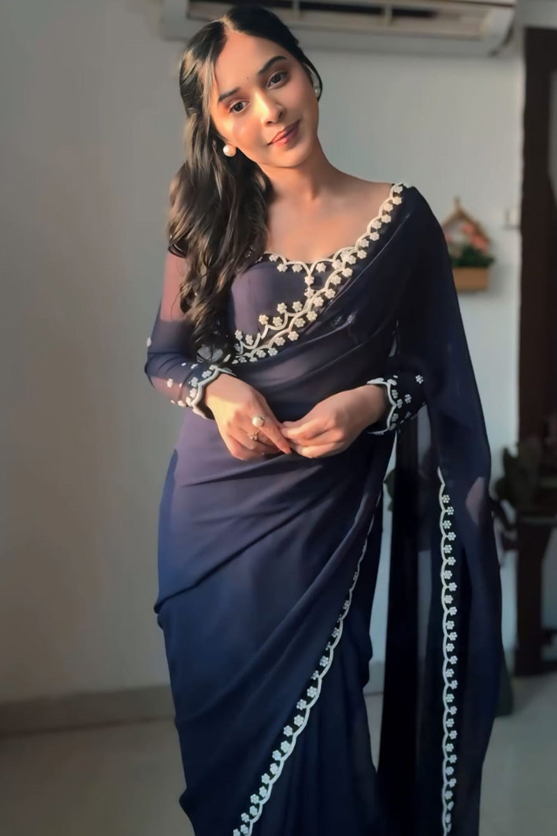 Entrancing 1-Minute Ready To Wear Navy Blue Georgette Saree