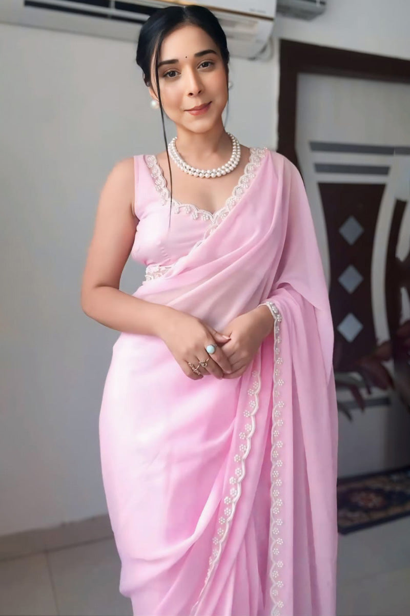 Dissemble 1-Minute Ready To Wear Pink Georgette Saree