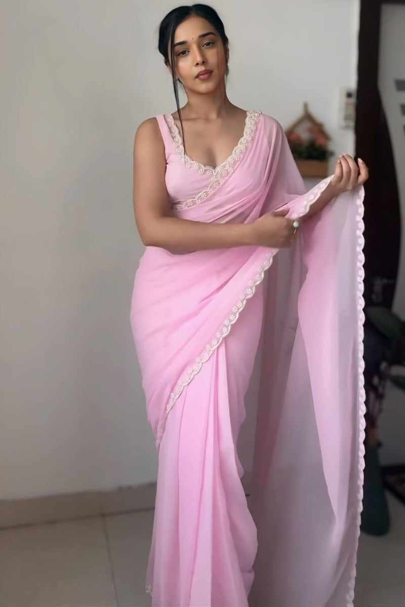 Dissemble 1-Minute Ready To Wear Pink Georgette Saree