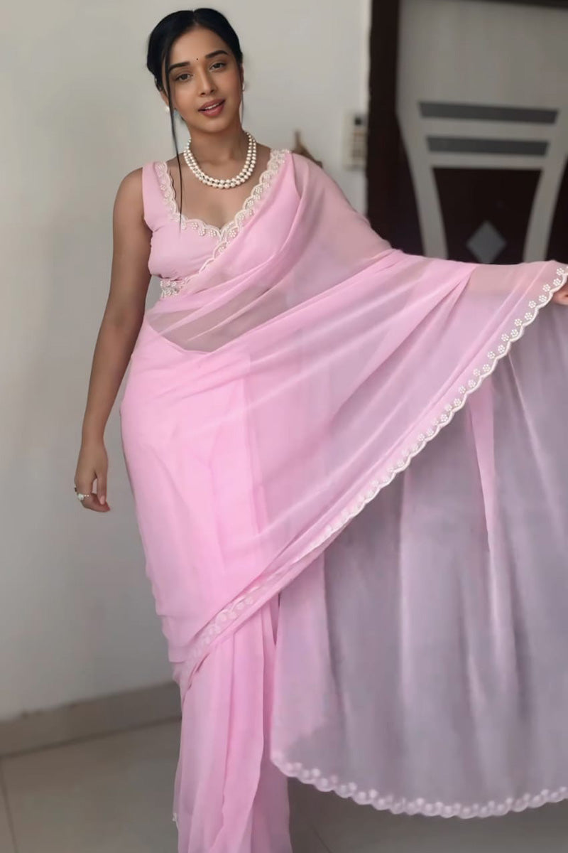 Dissemble 1-Minute Ready To Wear Pink Georgette Saree