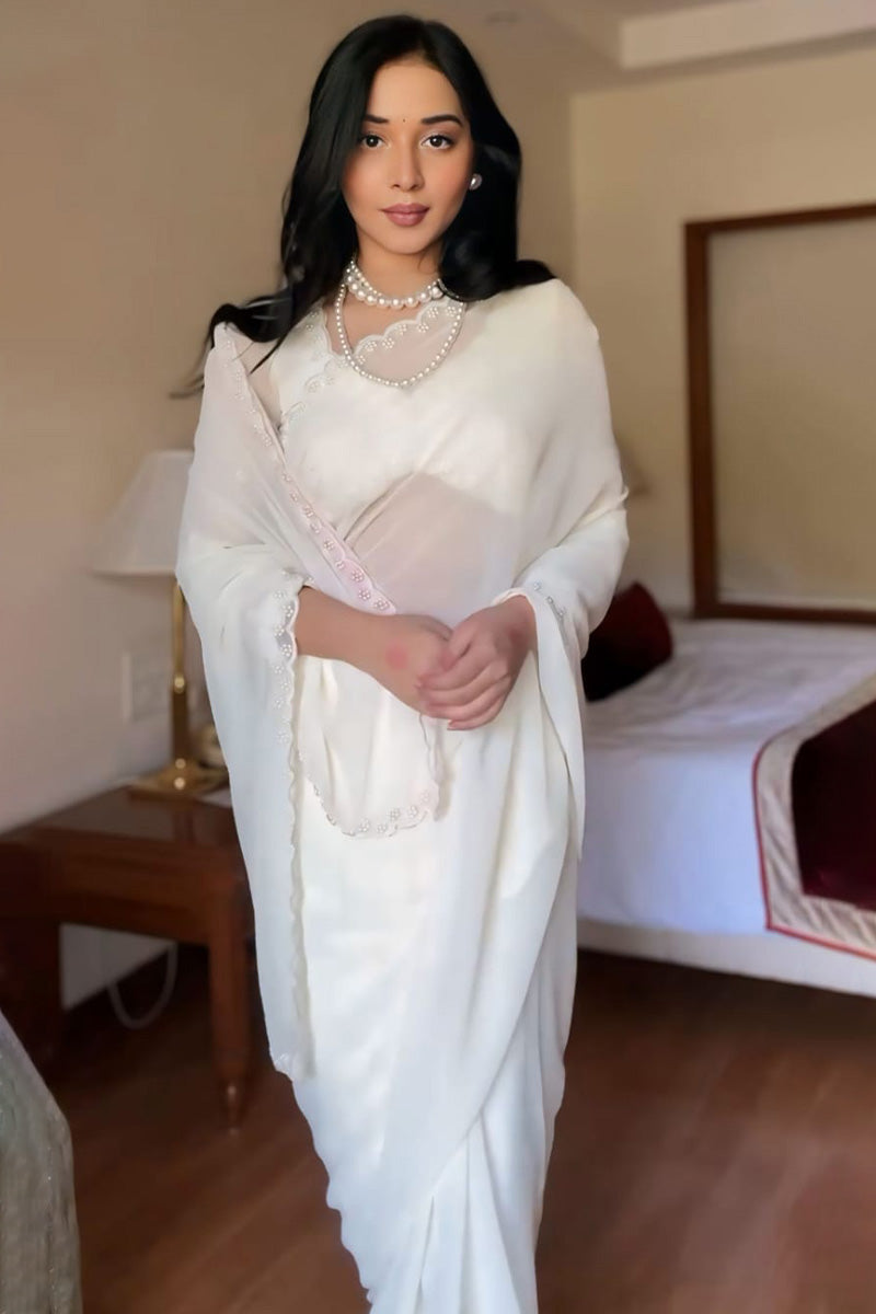 Exquisite 1-Minute Ready To Wear White Georgette Saree