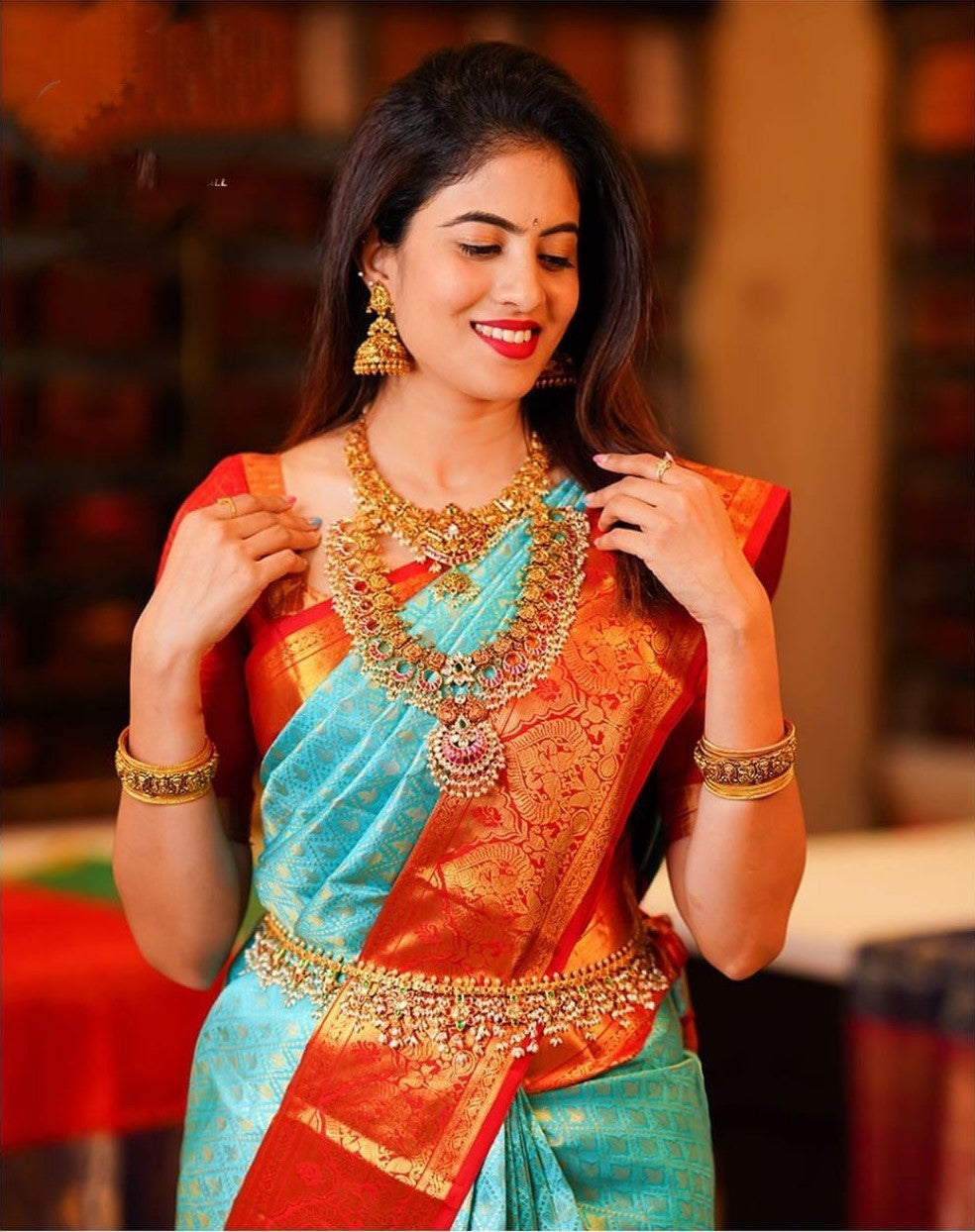 Angelic Turquoise Soft Silk Saree with Ethnic Blouse Piece