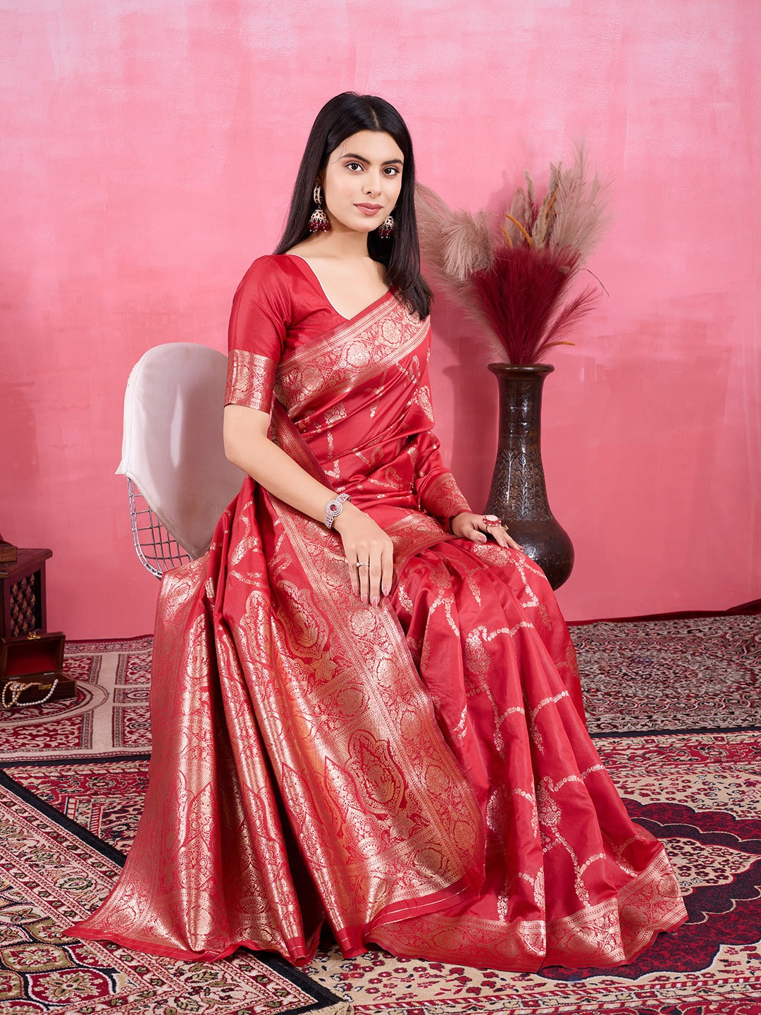 Banarasi silk Red color saree Zari weaving Rich pallu with zari weaving border