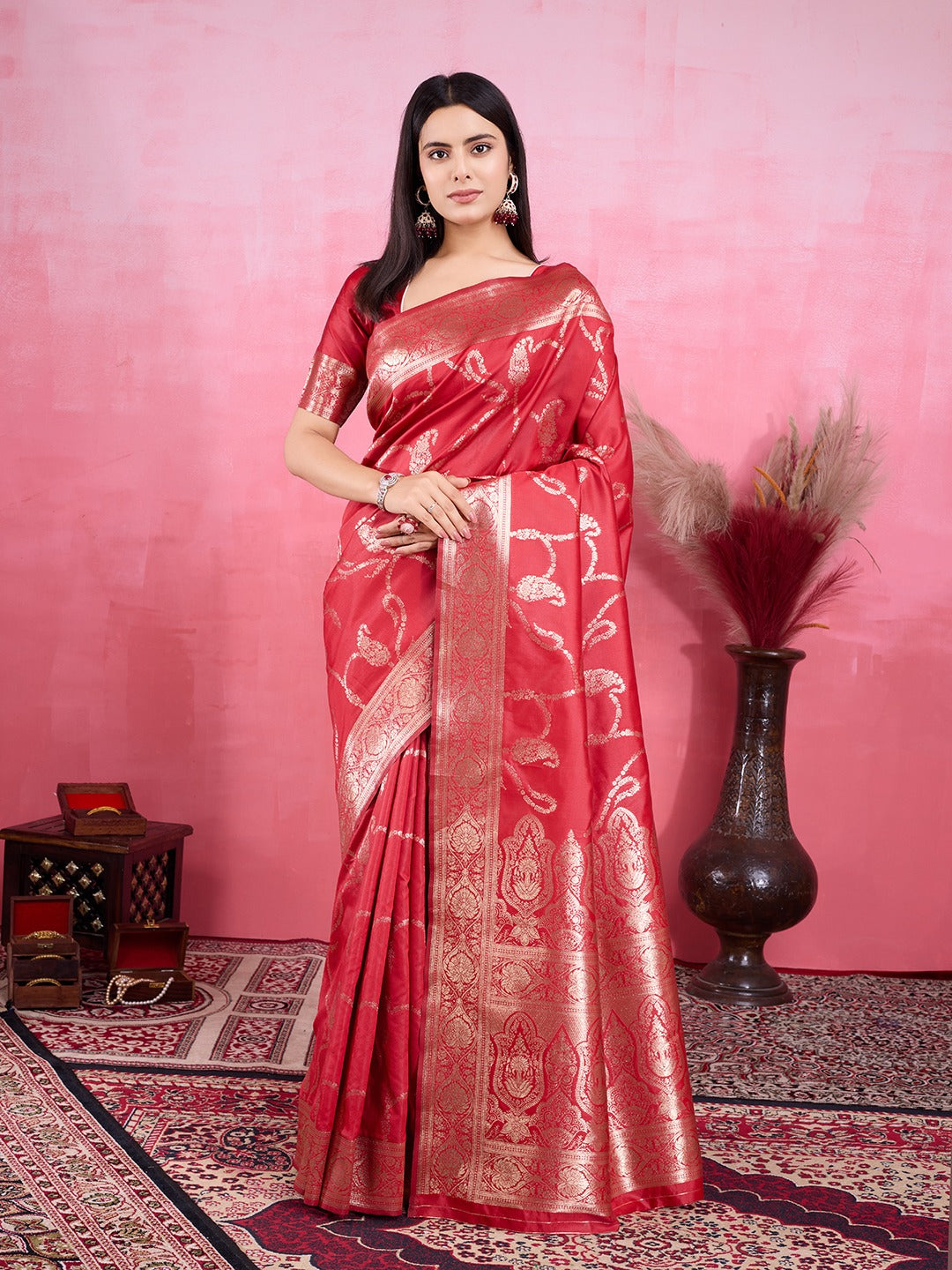 Banarasi silk Red color saree Zari weaving Rich pallu with zari weaving border