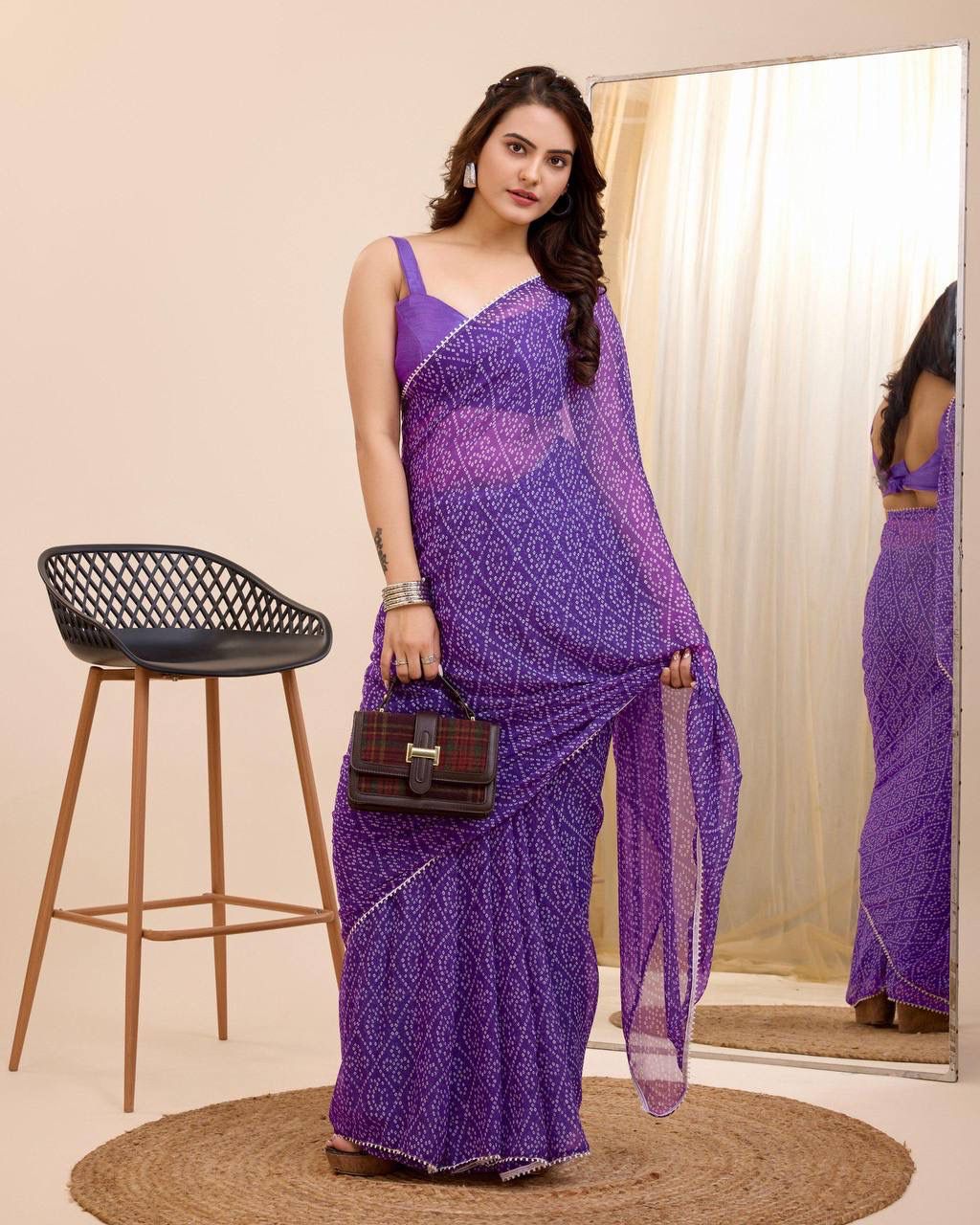 1- Min Ready To Wear Purple Color Georgette  Saree In Bandhani Print