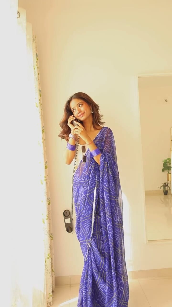 Geometric Print 1 Minute Ready To Wear  Blue Colour Bandhani Pure Soft Georgette Silk Saree