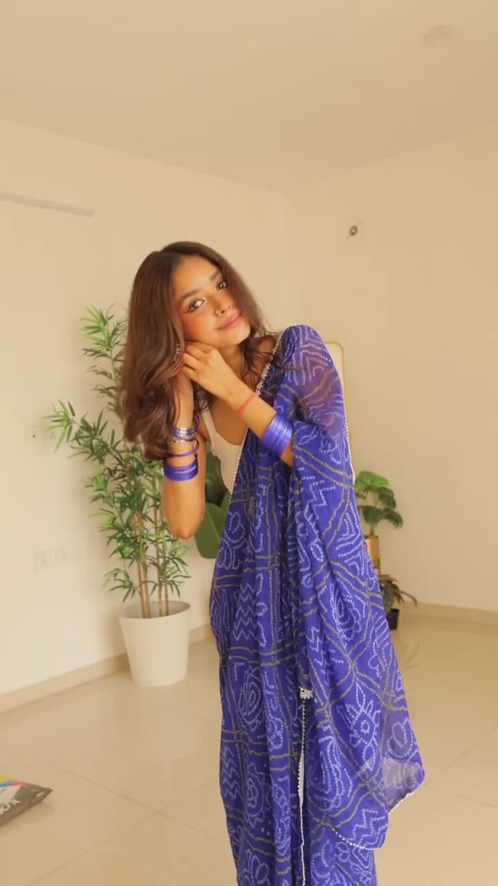 Geometric Print 1 Minute Ready To Wear  Blue Colour Bandhani Pure Soft Georgette Silk Saree