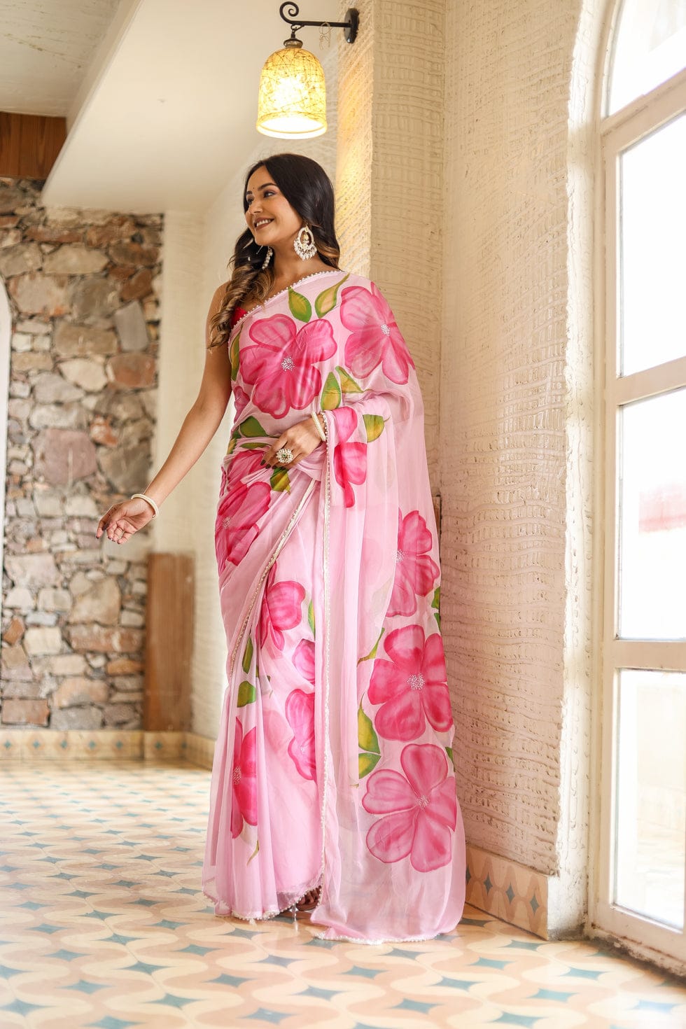Flamingo Embellished Pure Soft t 1 Minute Ready To Wear  Georgette Silk With Beautiful Pink Colour Flower