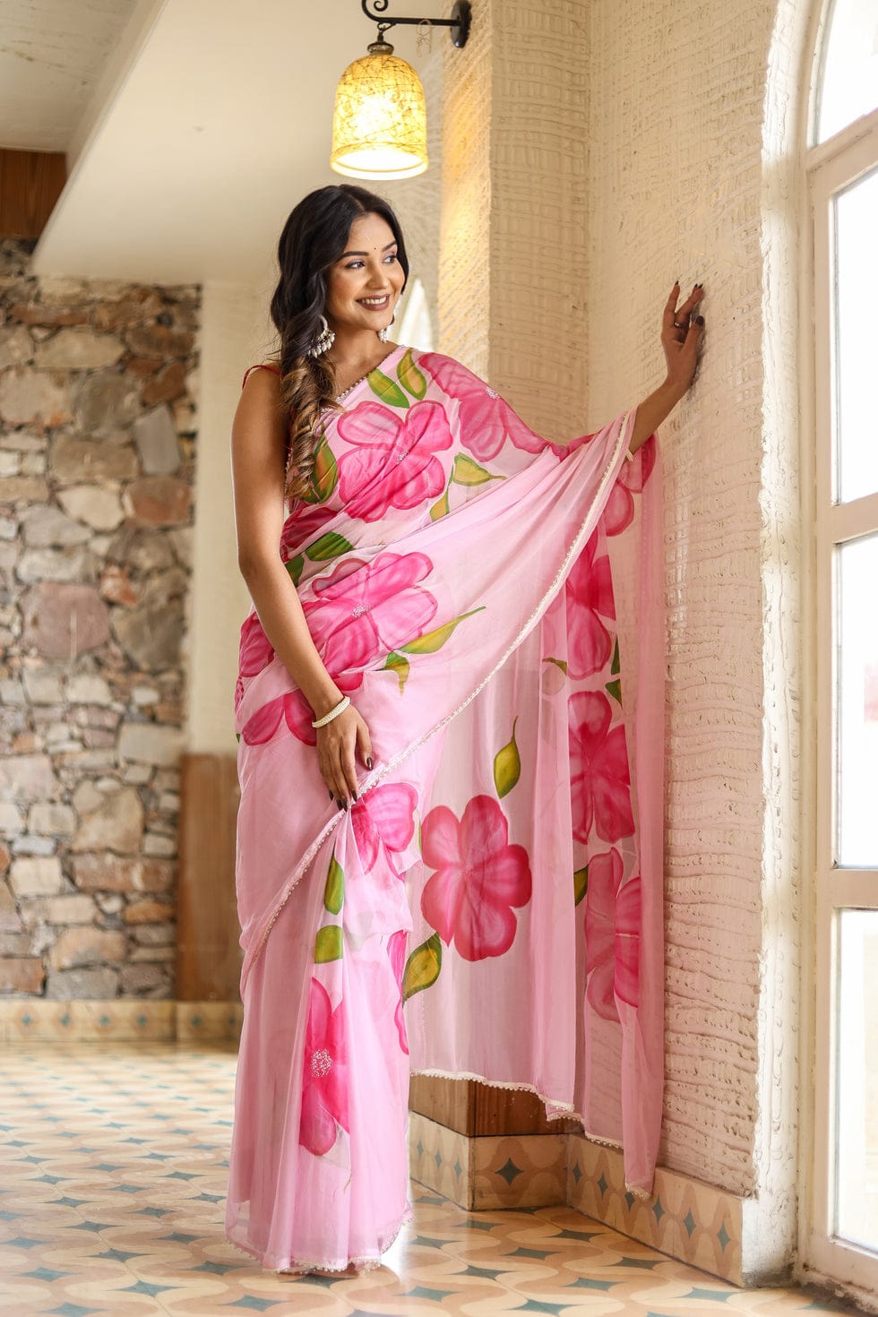 Flamingo Embellished Pure Soft t 1 Minute Ready To Wear  Georgette Silk With Beautiful Pink Colour Flower