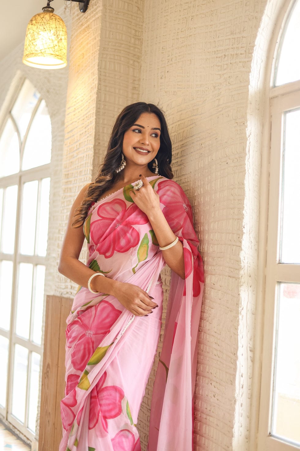 Flamingo Embellished Pure Soft t 1 Minute Ready To Wear  Georgette Silk With Beautiful Pink Colour Flower