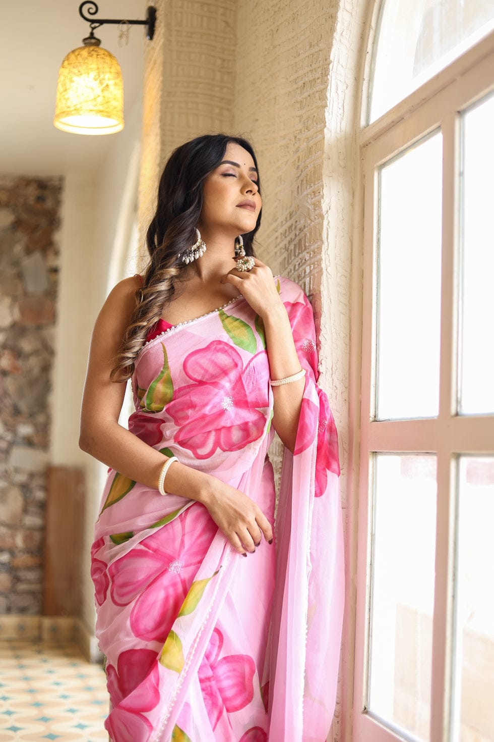 Flamingo Embellished Pure Soft t 1 Minute Ready To Wear  Georgette Silk With Beautiful Pink Colour Flower