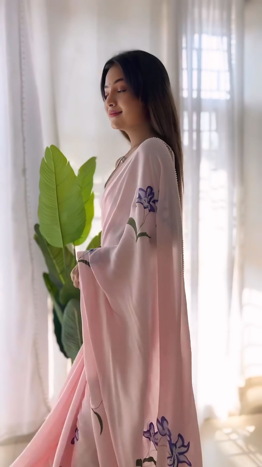 Fancy Jacquard 1 Minute Ready To Wear Pure Soft Georgette Silk With Beautiful Purple Colour Flower Design