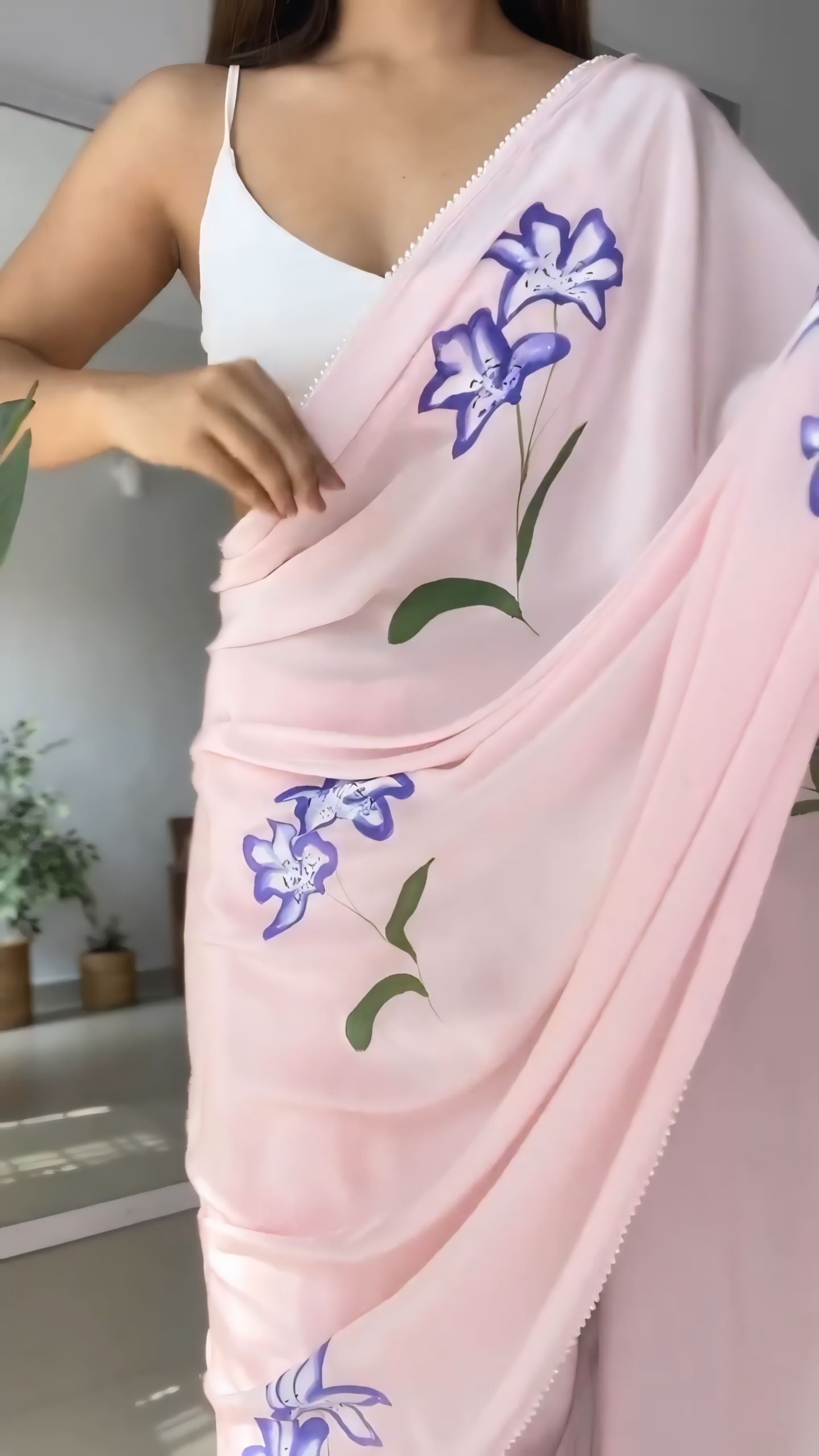 Fancy Jacquard 1 Minute Ready To Wear Pure Soft Georgette Silk With Beautiful Purple Colour Flower Design