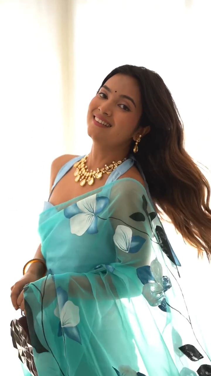 Dogwood  1 Minute Ready To Wear  Sky Blue Colour Flower With Pure Soft Organza Silk Design