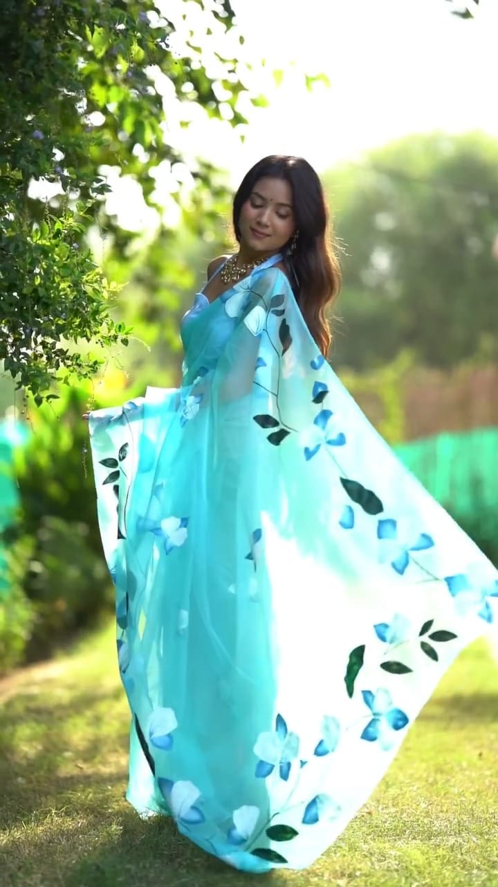 Dogwood  1 Minute Ready To Wear  Sky Blue Colour Flower With Pure Soft Organza Silk Design