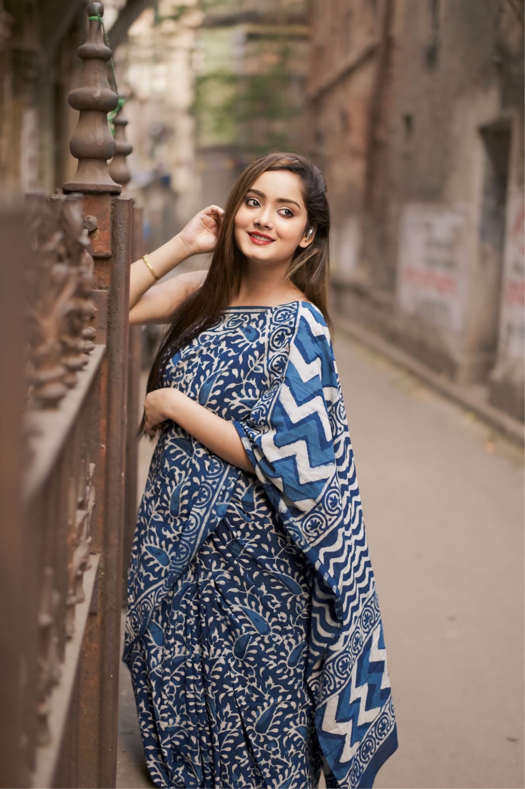 Latest Soft Cotton Mulmul Hand Printed   1 Minute Ready To Wear  Blue Saree with Unstitched Blouse