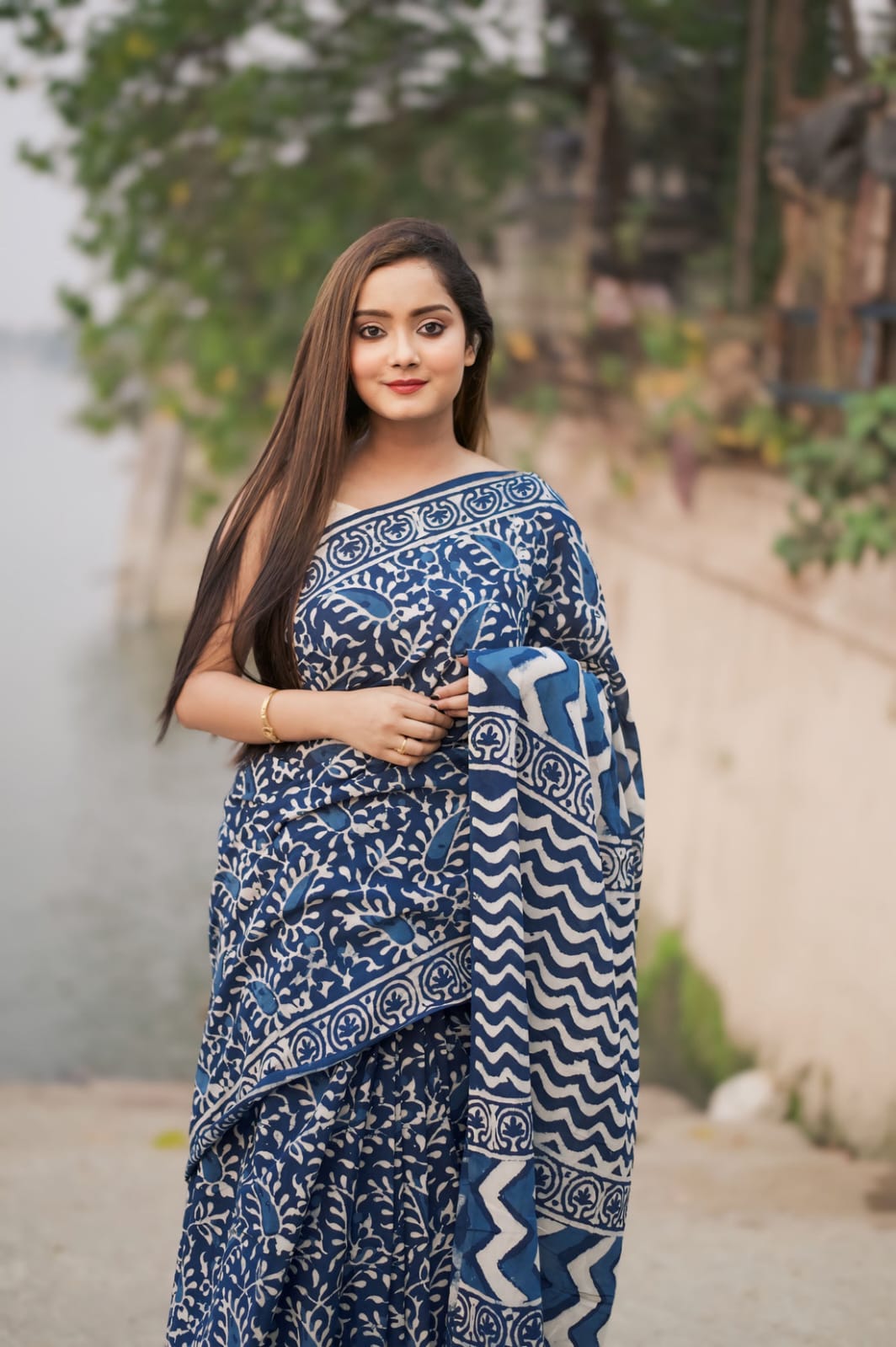 Latest Soft Cotton Mulmul Hand Printed   1 Minute Ready To Wear  Blue Saree with Unstitched Blouse