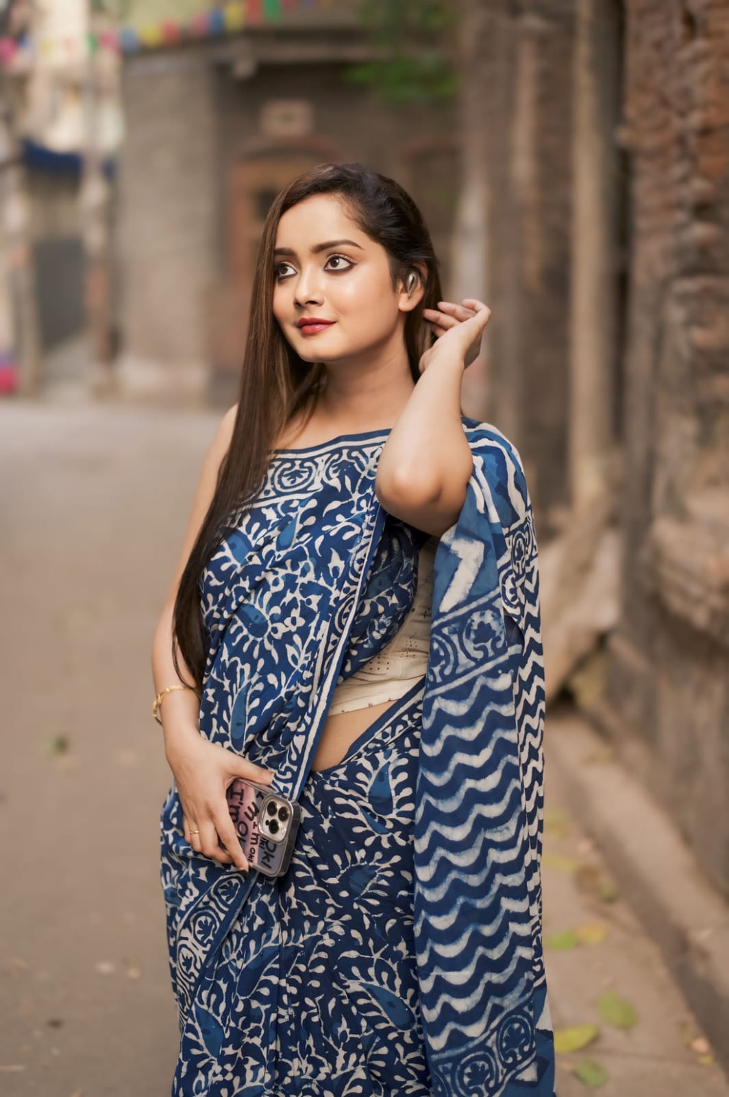 Latest Soft Cotton Mulmul Hand Printed   1 Minute Ready To Wear  Blue Saree with Unstitched Blouse