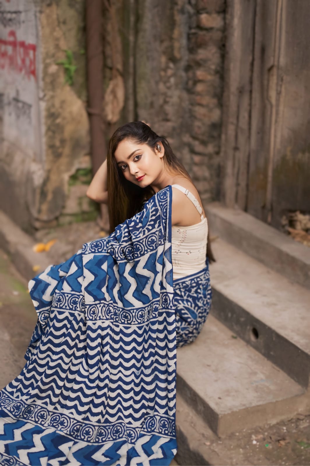 Latest Soft Cotton Mulmul Hand Printed   1 Minute Ready To Wear  Blue Saree with Unstitched Blouse