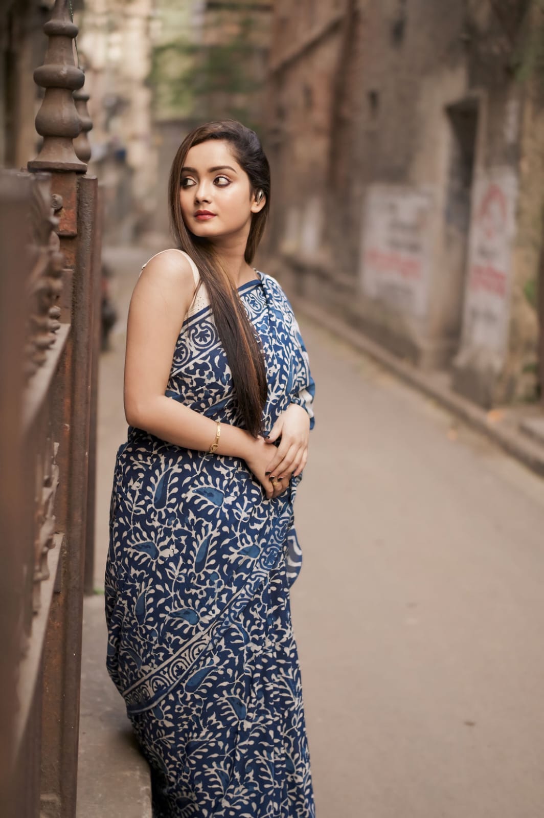 Latest Soft Cotton Mulmul Hand Printed   1 Minute Ready To Wear  Blue Saree with Unstitched Blouse