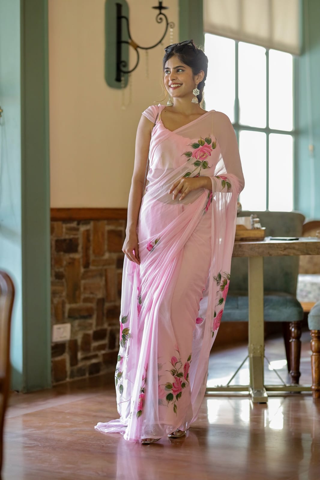 Blushing Pink Pure Soft 1 Minute Ready To Wear Georgette Silk With Beautiful Pink Colour Flower Design Saree