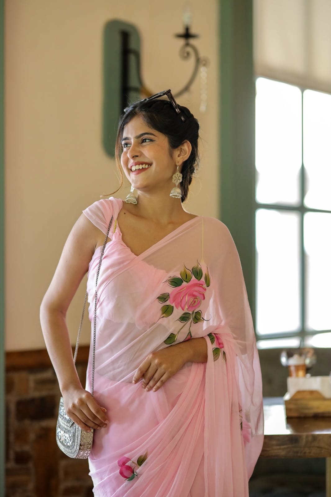 Blushing Pink Pure Soft 1 Minute Ready To Wear Georgette Silk With Beautiful Pink Colour Flower Design Saree