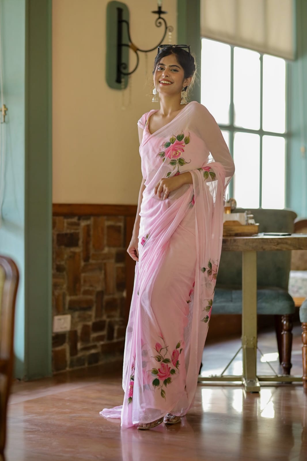 Blushing Pink Pure Soft 1 Minute Ready To Wear Georgette Silk With Beautiful Pink Colour Flower Design Saree
