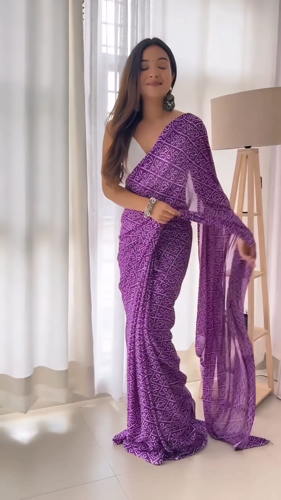 Georgette Crush 1 Minute Ready To Wear Silk With Beautiful  Purple Colour Bandhani