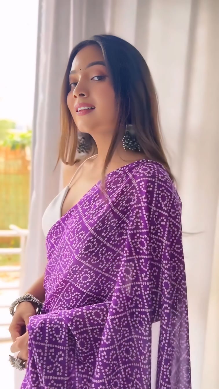 Georgette Crush 1 Minute Ready To Wear Silk With Beautiful  Purple Colour Bandhani