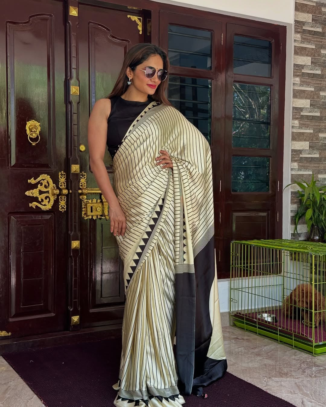 Elegant Black And White Lineing 1-Minute Ready To Wear Sareee