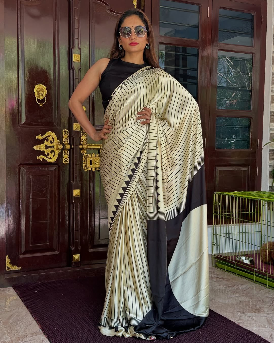 Elegant Black And White Lineing 1-Minute Ready To Wear Sareee