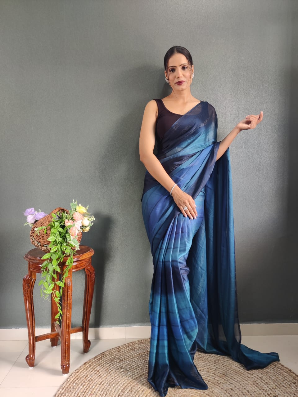 Ethnic Blue Color Nylon silk Ready To Wear saree