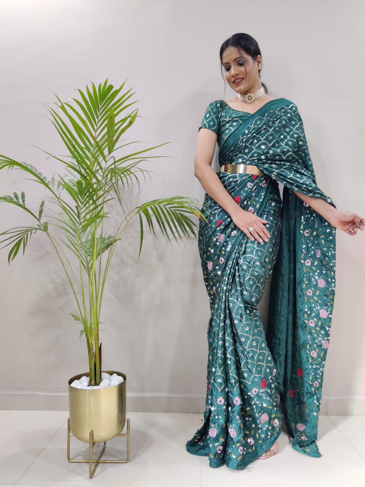 Chinon Silk Embroidery And Beautiful Sequins Work Latest Ready To Wear Saree