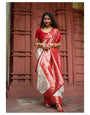 Moiety Off-white and Red Zari Woven Banarasi Saree With Blouse