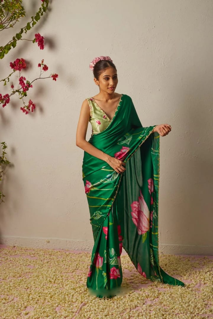 Ethnic Ready To Wear Digital Printed Hand Work Lace Border Saree With Stitched Blouse