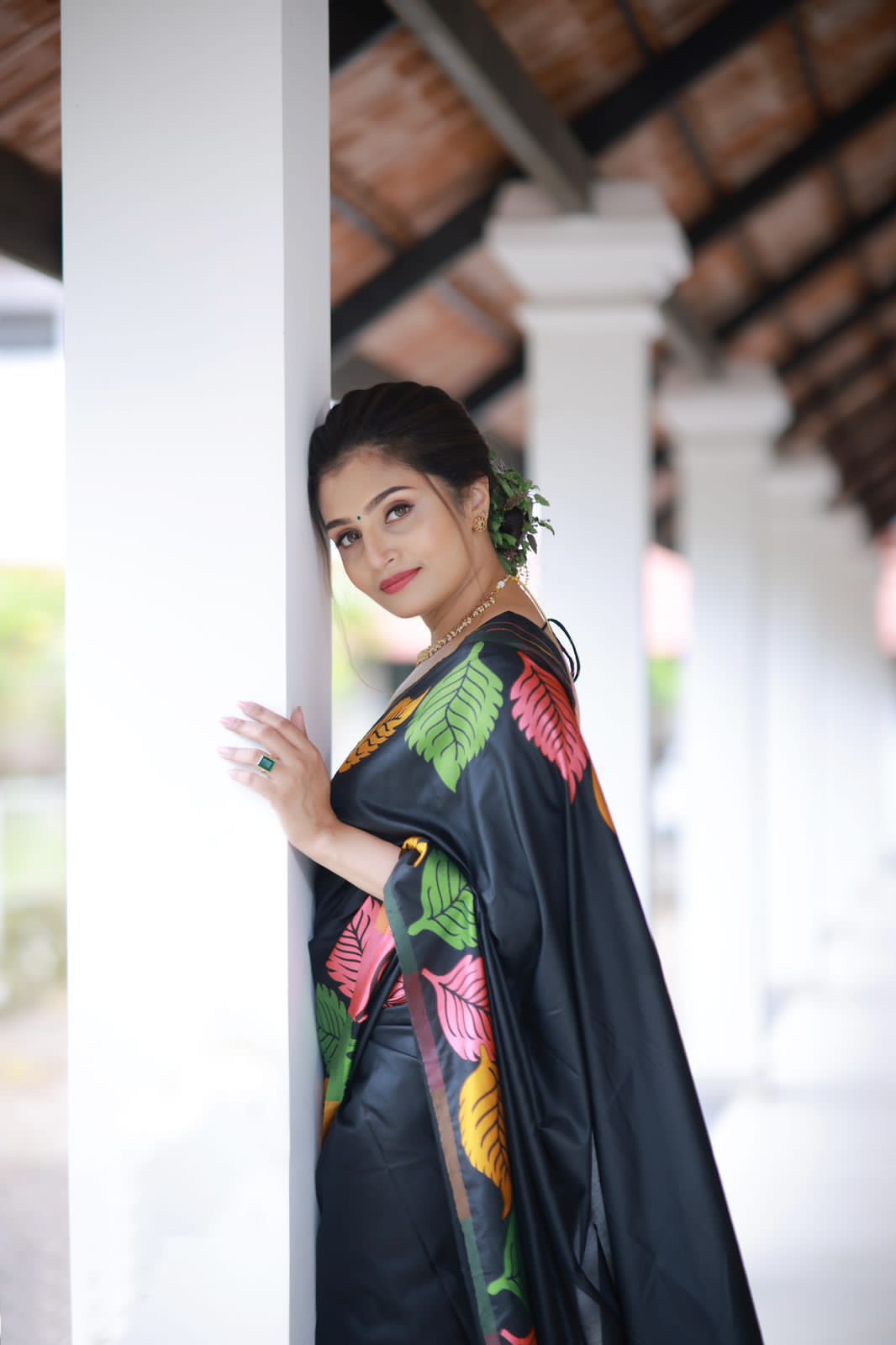 Leaf Pattern Black colour Banarasi Silk Woven Saree