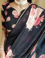 Ready To Wear Black Color printed With Peral Lace Border Georgette Saree