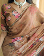 Ready To Wear Brown Color Printed With Peral Lace Border Georgette Saree