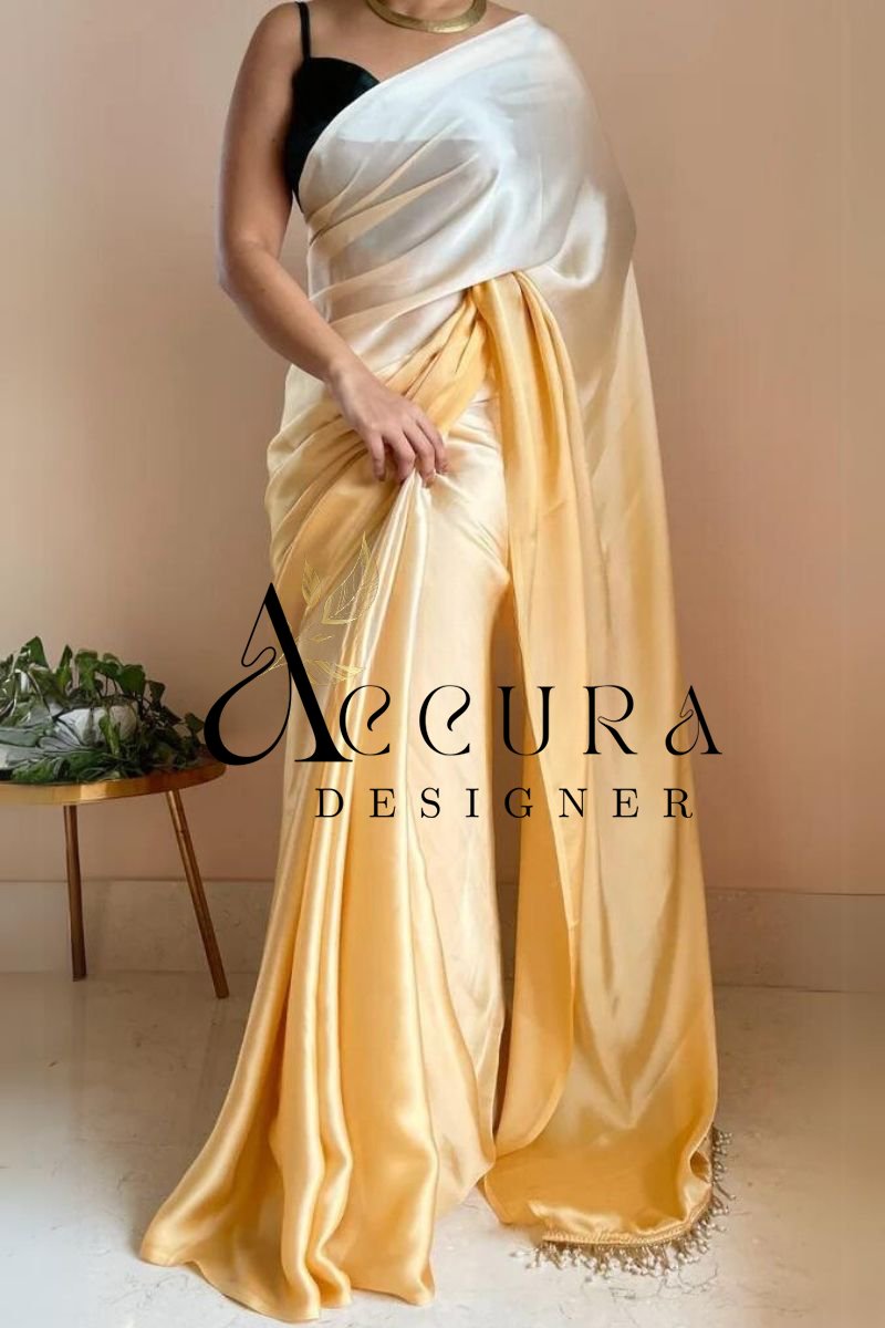 1-MIN READY TO WEAR  Peeli Dhoop Ombré Crepe Silk Saree With Handmade Tassels on Pallu