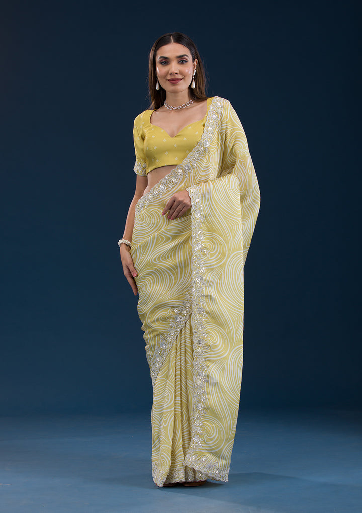 Yellow Georgette Fancy Cut Work Digital Printed Saree