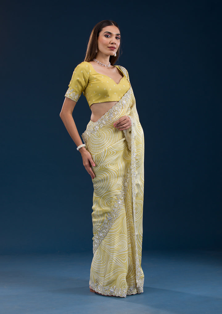 Yellow Georgette Fancy Cut Work Digital Printed Saree