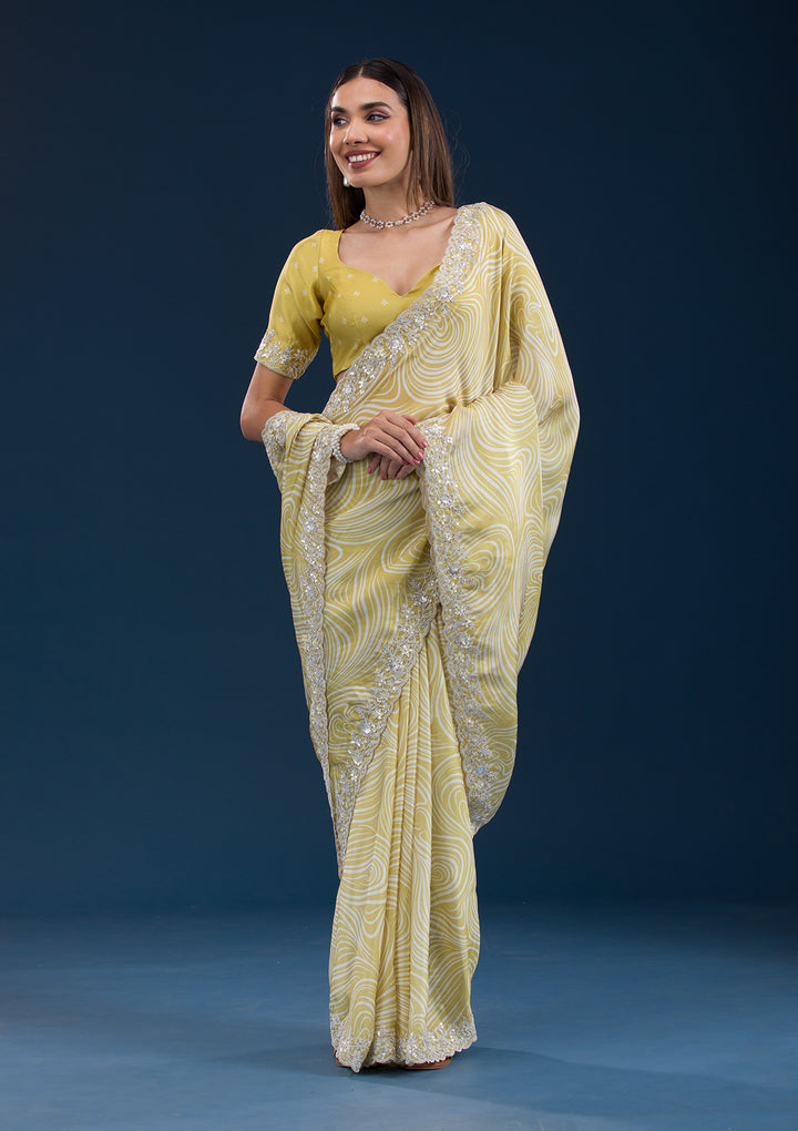 Yellow Georgette Fancy Cut Work Digital Printed Saree