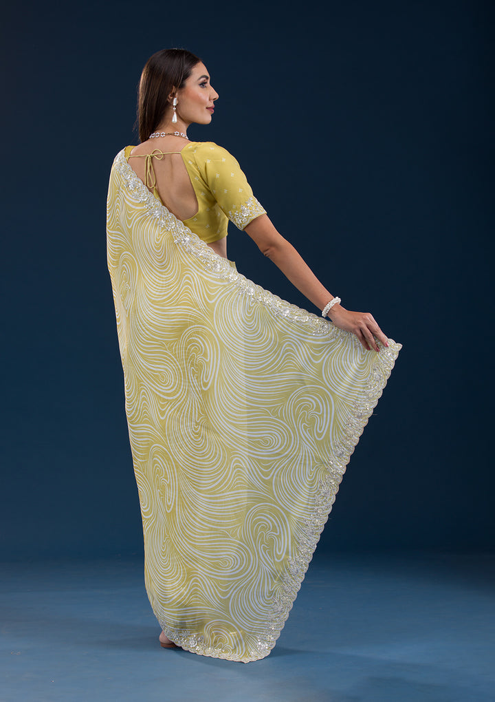 Yellow Georgette Fancy Cut Work Digital Printed Saree