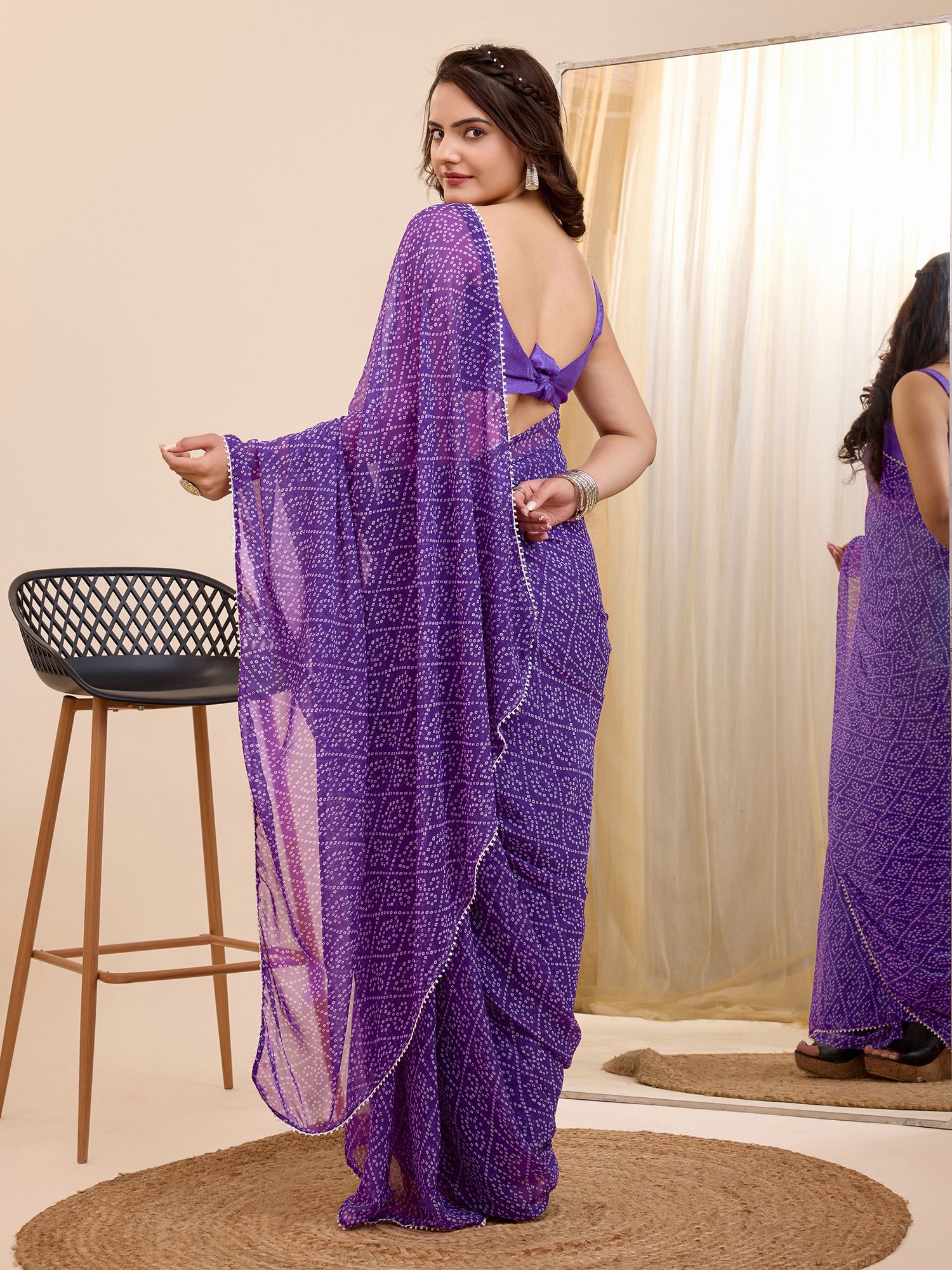 1- Min Ready To Wear Purple Color Georgette  Saree In Bandhani Print