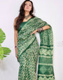 Green Hand Block  Print Soft   Mal Mal Cotton Sarees With Running Blouse