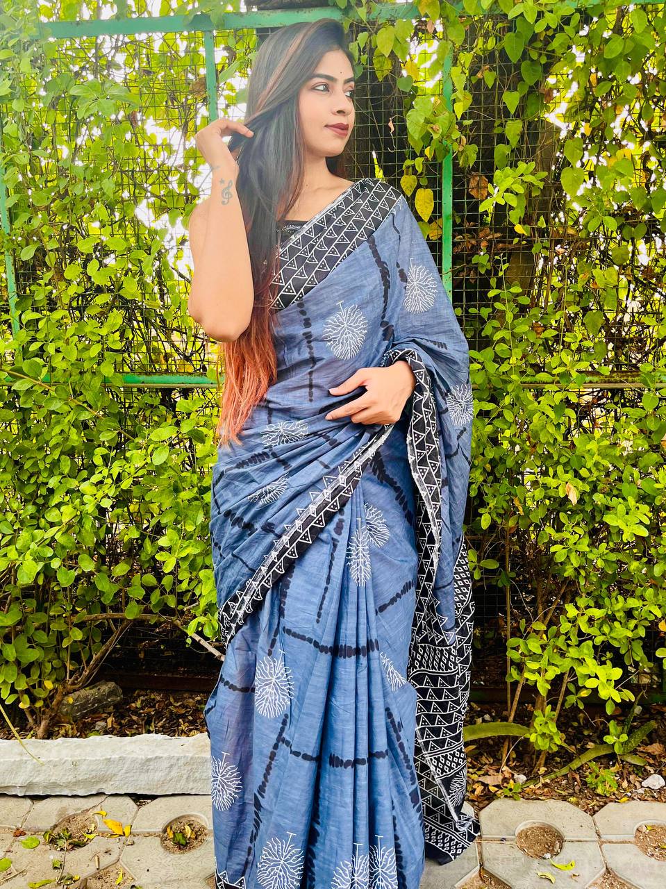 Hand Block  Print Soft   Mal Mal Cotton Sarees With Running Blouse